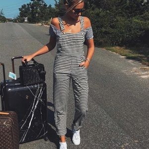 WeWoreWhat plaid black and white overalls